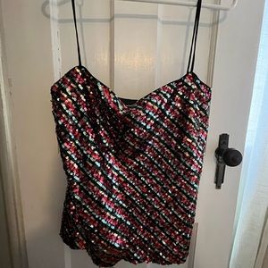 MILLY Rainbow Sequin Cami Tank Top Blouse Shirt Black Pink Green Red Stripe Sz 2